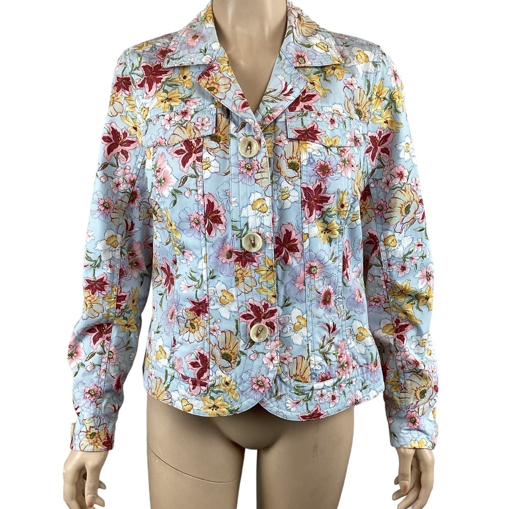 Coldwater Creek Floral Print Jacket Size 8 Blue Bold Print Pockets Denim-like